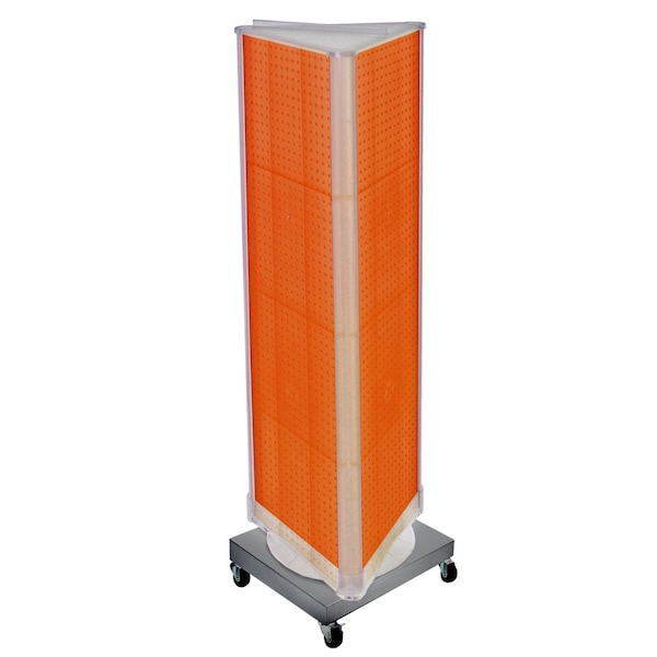 Three-Sided Revolving Pegboard Tower Floor Display on Wheeled Metal Base. Spinner Rack Stand.
